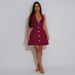 Women's V-Neck Halter Backless Mini Dress – Crinkle Textured Bodycon (S-XXL, Black/Burgundy/White)_ecoleips.com