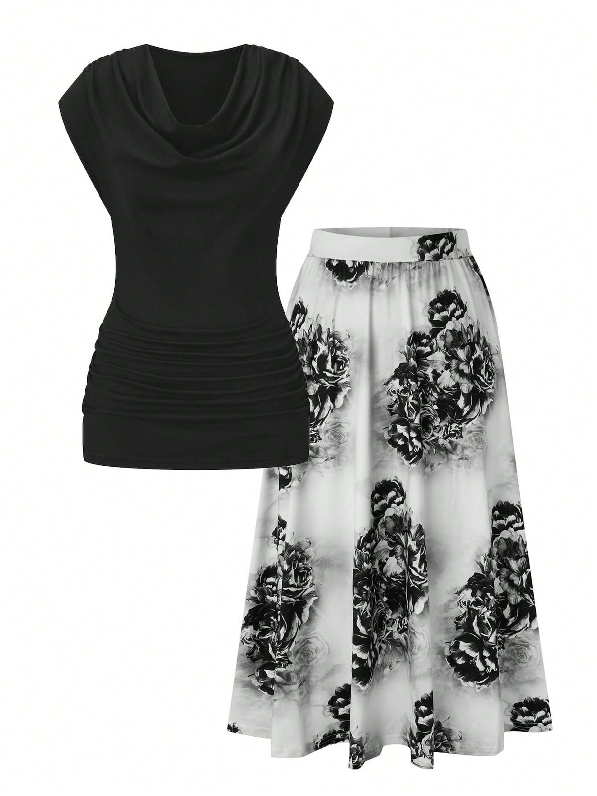 Women's Clothing Elegant Solid Color Draped T Shirt With Floral Print Skirt Sets_ecoleips.com