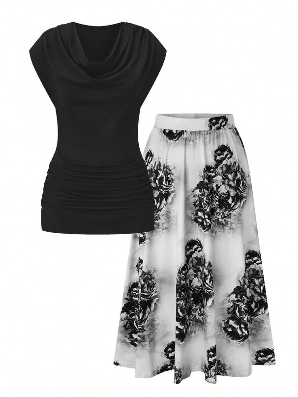 Women's Clothing Elegant Solid Color Draped T Shirt With Floral Print Skirt Sets_ecoleips.com
