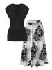 Women's Clothing Elegant Solid Color Draped T Shirt With Floral Print Skirt Sets_ecoleips.com