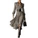 Women's Retro Plaid Print Shirt Dress V Neck Puff Sleeves High Waist Slim Fit A Line Skirt_ecoleips.com