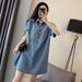 Plus Size Denim Blue Dress For Women – Oversized Casual Short Sleeve T-Shirt Dress, Summer Loose Fit Midi Length For Curvy Ladies (2XL-4XL)_ecoleips.com