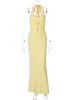 Hugcitar Women'S Elegant Halter V Neck Solid Ruched Sexy Backless Lace Up Maxi Dress Summer Vacation Clothes Birthday Party_ecoleips.com