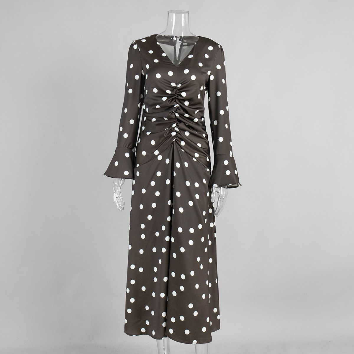 Women's Clothing Polka Dot Long Sleeved Dress Ruched V Neck Bell Sleeves Fitted Waist Summer New_ecoleips.com