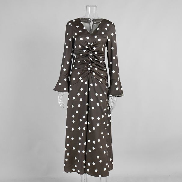 Women's Clothing Polka Dot Long Sleeved Dress Ruched V Neck Bell Sleeves Fitted Waist Summer New_ecoleips.com