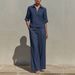 Women's V-Neck Short Sleeve Top & High-Waisted Wide Leg Pants Set – Classic Minimalist Resort Wear For Summer Vacation & Casual Outings_ecoleips.com