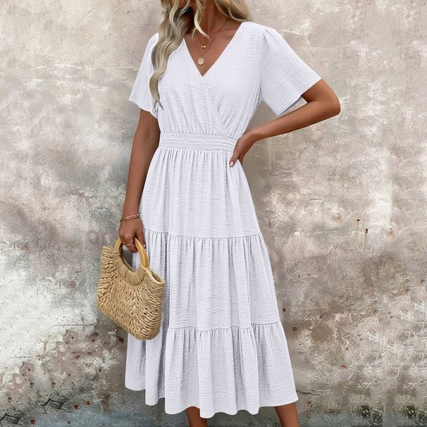 Women's V Neck Puff Sleeve Plush Dress Ruffled Short Sleeved Style Fashion Bestseller_ecoleips.com