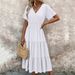 Women's V Neck Puff Sleeve Plush Dress Ruffled Short Sleeved Style Fashion Bestseller_ecoleips.com