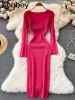 Dresses For Women 2026 Sexy Strapless Ribbed Knitted Bodycon Dress Women Winter Long Sleeve Midi Sweater Dress Clothes_ecoleips.com