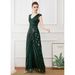 women's retro banquet dark green long sequined evening dress plus size bridesmaid wedding dress deep V elegant dress long dress_ecoleips.com