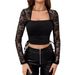 European And American Cross-border 2026 Spring New Elegant Women's Square-neck Lace Spliced Knitted Slim-fit Top With_ecoleips.com