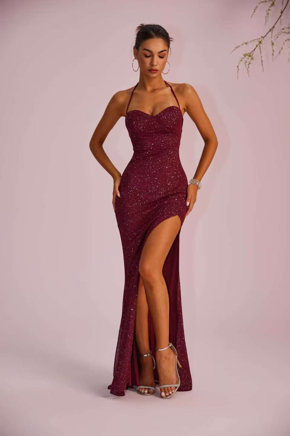 Women's Elegant Slim Fit Long Dress European American Style Solid Color Low Cut Backless Slit Formal Dress_ecoleips.com