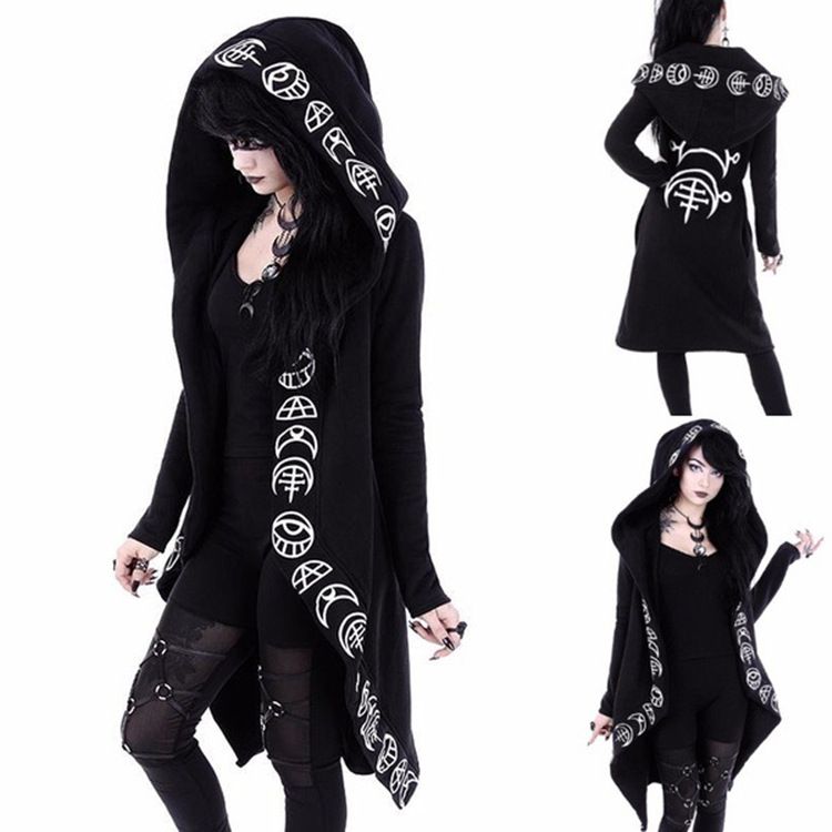 Gothic Moon Print Longline Hooded Cardigan – Punk Streetwear Oversized Sweater For Women (Fall Collection)_ecoleips.com