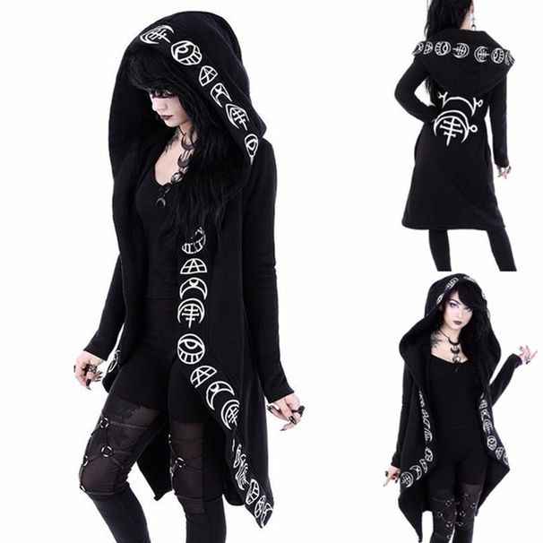 Gothic Moon Print Longline Hooded Cardigan – Punk Streetwear Oversized Sweater For Women (Fall Collection)_ecoleips.com