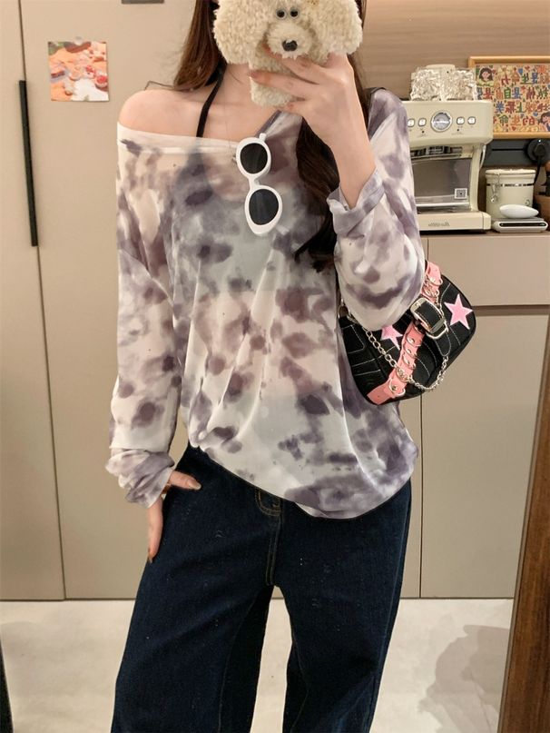 Recommended~ Korean-Style Blue Tie-Dye Printed Long-Sleeve Top With Chest Pads For Women, Suitable For Early Autumn_ecoleips.com