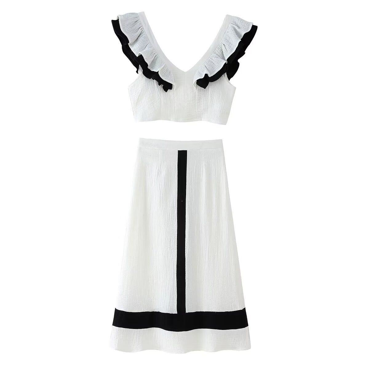 UC&ZA Style Women's Summer Color-Block V-Neck Ruffle Trim Slim Top And Skirt Set_ecoleips.com