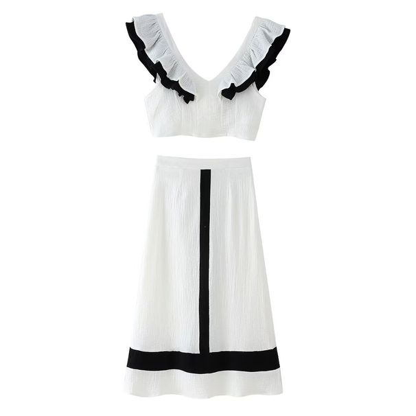 UC&ZA Style Women's Summer Color-Block V-Neck Ruffle Trim Slim Top And Skirt Set_ecoleips.com
