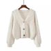Women's V-Neck Cable Knit Cardigan – Soft & Cozy Oversized Sweater (Camel/White/Rouge, One Size Fits Most)_ecoleips.com