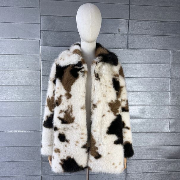 K Imitation Fur Cow Pattern Coat With Collar For Women's Mid To Long Length Jacket_ecoleips.com