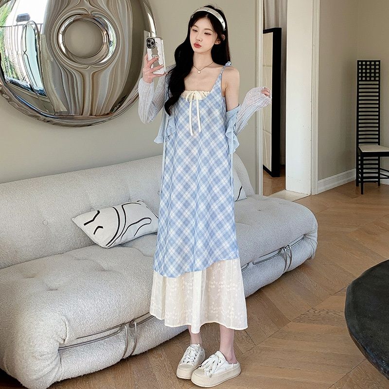 Summer New Korean Style Blue Strap Cardigan Two-Piece Set Maternity Dress_ecoleips.com