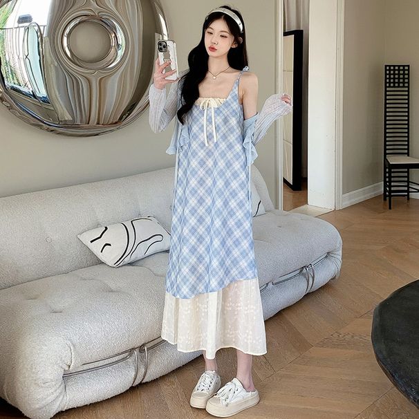 Summer New Korean Style Blue Strap Cardigan Two-Piece Set Maternity Dress_ecoleips.com
