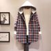 Women's Mid-Length Hooded Plaid Shirt With Spring/Autumn-Style Fleece Finish, Korean-Style Casual Jacket In Loose Fit Fo_ecoleips.com