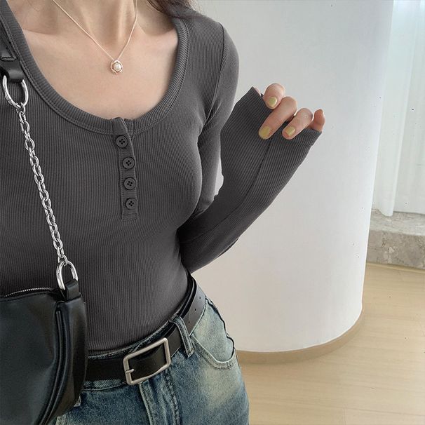 2025 Selected High Elasticity Threaded Button Bottom Shirt Autumn 2025, New Shoulder Long Sleeved T-Shirt For Women, Slim Fit_ecoleips.com