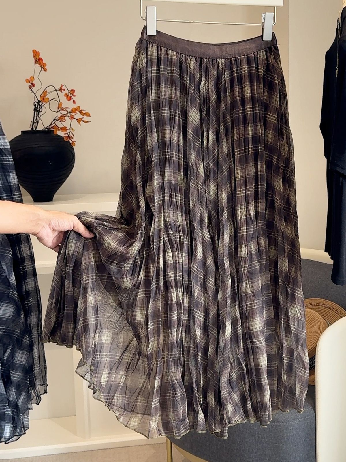 K Mesh Splicing Color Blocking Plaid Half Skirt For Women, New High Waisted Drape Pleated Loose Umbrella Skirt_ecoleips.com