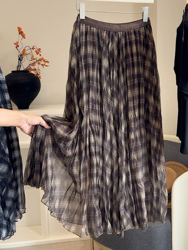 K Mesh Splicing Color Blocking Plaid Half Skirt For Women, New High Waisted Drape Pleated Loose Umbrella Skirt_ecoleips.com