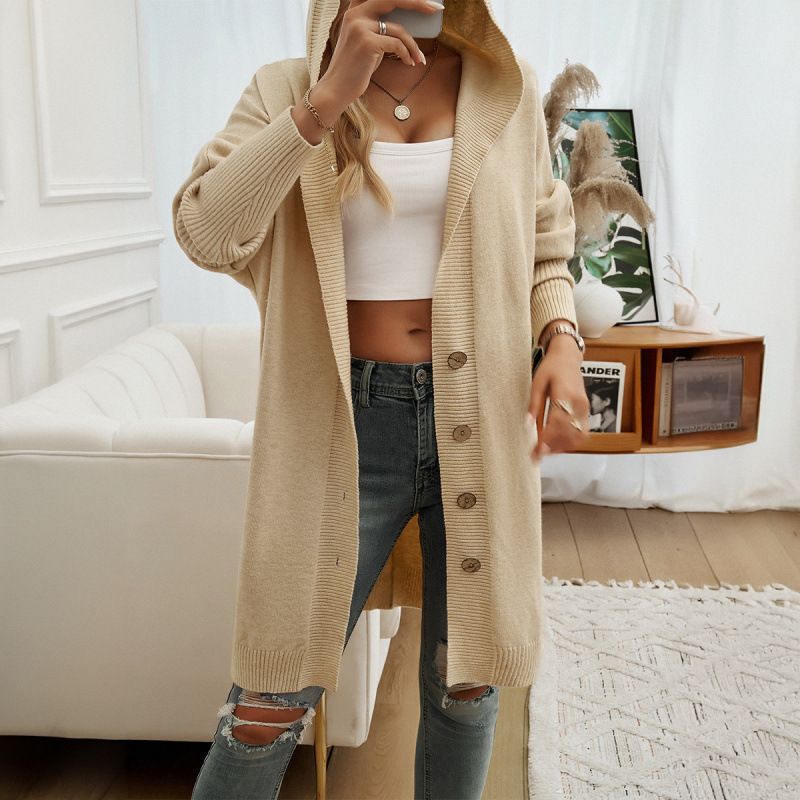 Autumn/Winter Casual Loose-Knit Cardigan With Buttoned Hood, Women's Outerwear_ecoleips.com