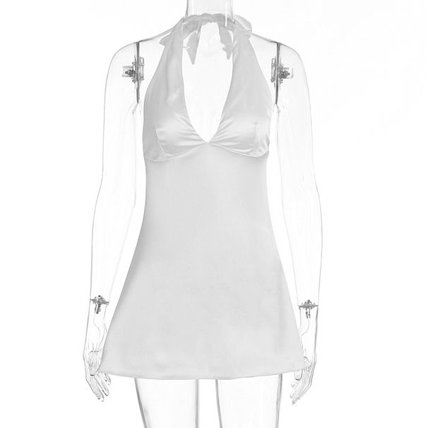 Summer Satin Halter Backless Bodycon Dress Women Solid Slim Fit Ruffle Trim Hip Wrapped Party Evening Dress_ecoleips.com