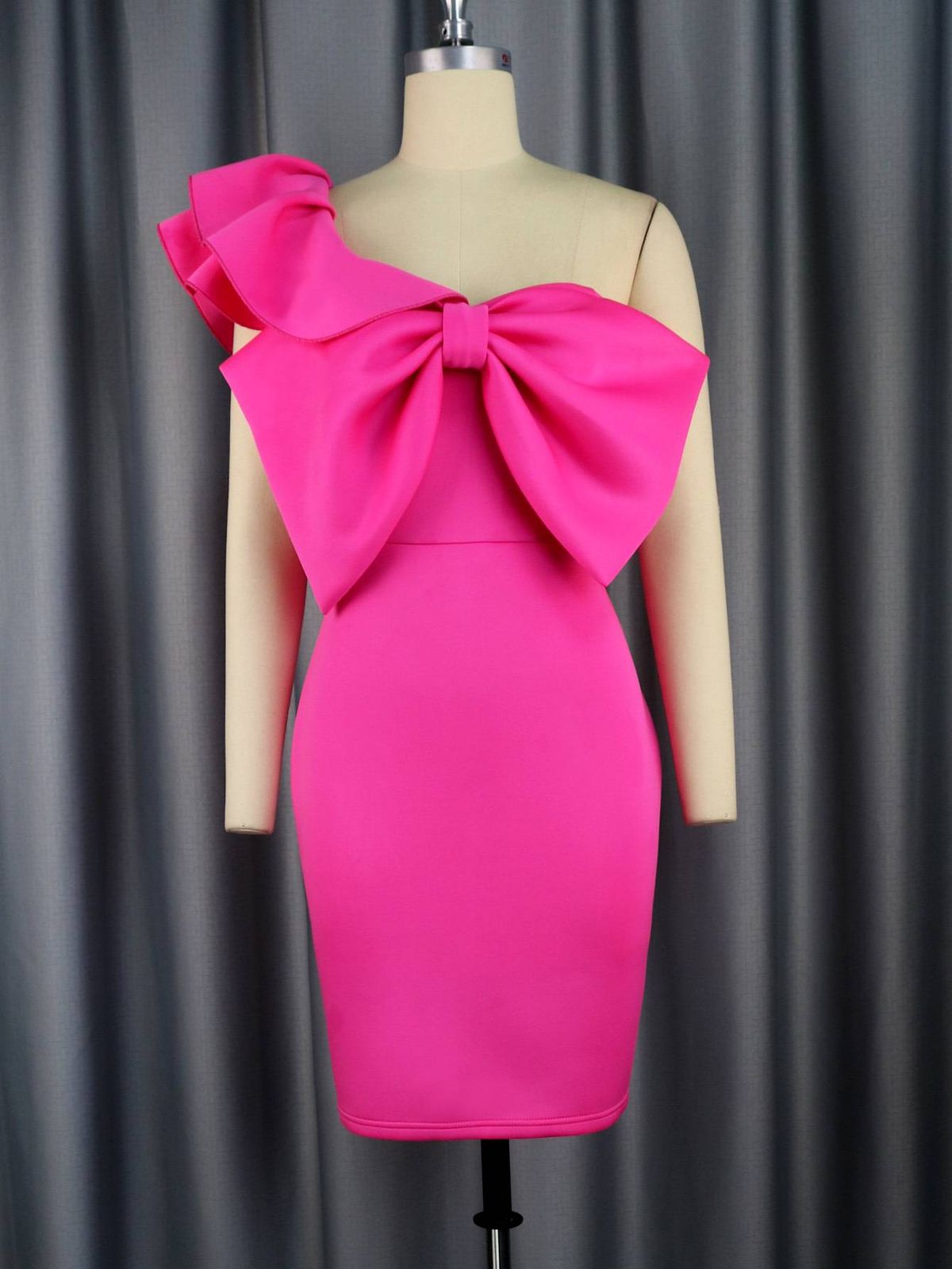 Women's Clothing Plus Size Sexy One Shoulder Ruffled Bow Slim High Waisted Large Size Evening Dress_ecoleips.com