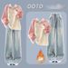 Fleece-Lined Letter Print Polo Zip-Up Top & Vintage Drawstring Jeans Set - Urban Streetwear Essentials (Blue/Pink)_ecoleips.com