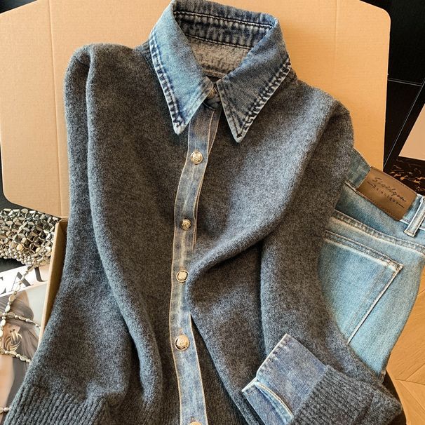 Women's Clothing Women's Collared Cardigan Long Sleeved Denim Patchwork Double Zipper Knitted Sweater Versatile Faux Two Piece Autumn Winter Style_ecoleips.com