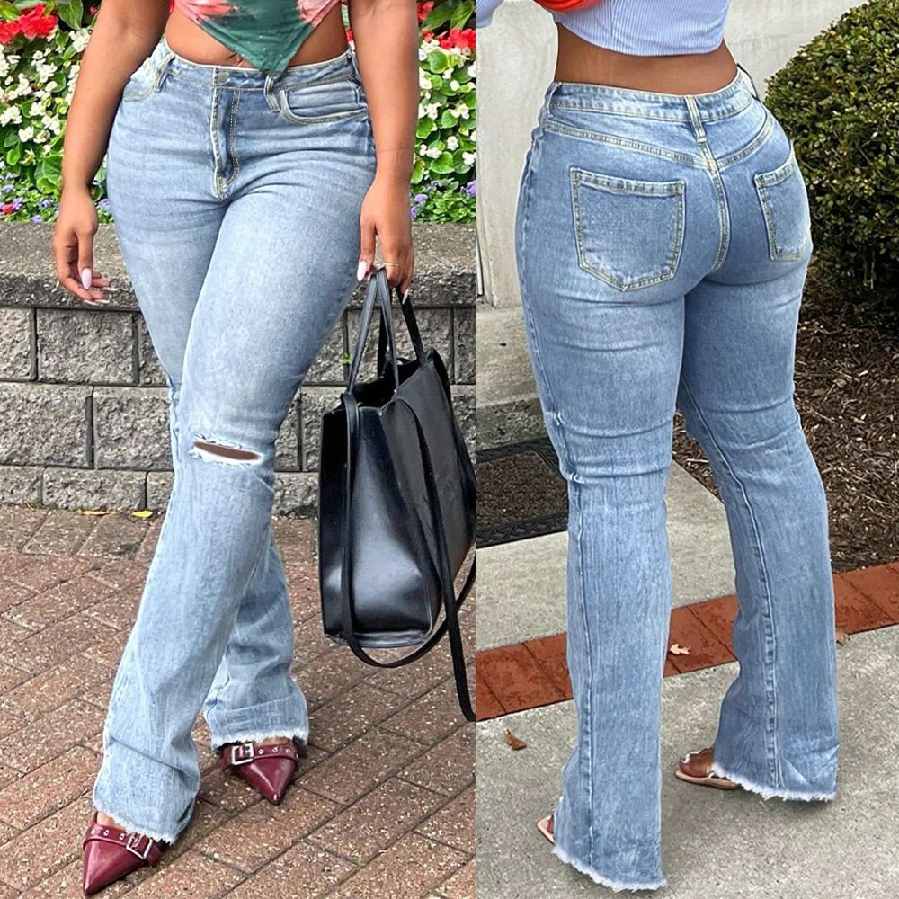 Women's Clothing Women's High Waist Ripped Flared Jeans Stretch Slim Fit Long Pants Spring Summer Style Frayed Edges Clothing_ecoleips.com