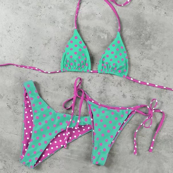 Women's Three Piece Swimwear Set Multi Color Polka Dot Tie up Bikini Bottoms Sexy Double Waistbands Triangle Bag Beach Vacationwear_ecoleips.com