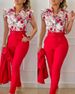 Women's New Fashion Printed Lotus Leaf Sleeve Top Solid Color Pants Suit With Belt_ecoleips.com