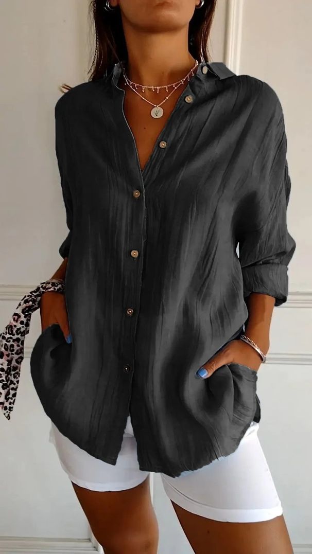 Women's Clothing New Single Breasted Pleated Lapel Shirt Women's Solid Color Roll Up Sleeve Top_ecoleips.com