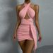 2024 Cross-Border European And American Sexy Cross Strap Halter Backless Ruched Bodycon Dress_ecoleips.com