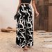 Women's High Waist Wide Leg Chiffon Pants Leaf Print Casual Summer Trousers European American Style Full Length Polyester_ecoleips.com