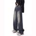 American Retro Blue-gray High-waisted Loose Denim Pants For Women, Spring Autumn Washed And Distressed Straight Casual_ecoleips.com