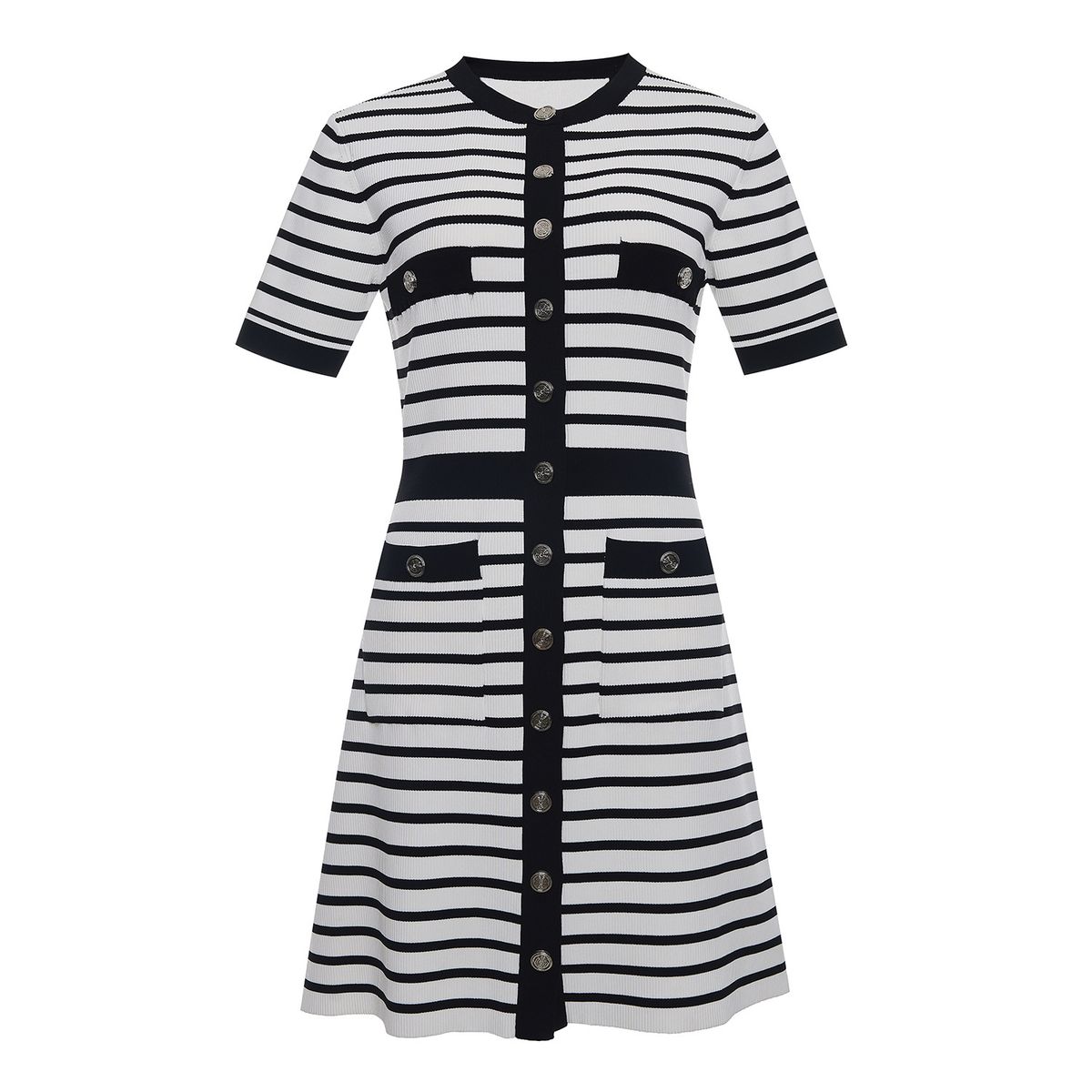Women's Clothing Spring And Summer New French Round Neck Contrast Striped Single Breasted Short Sleeved Temperament Slim Knitted Dress_ecoleips.com
