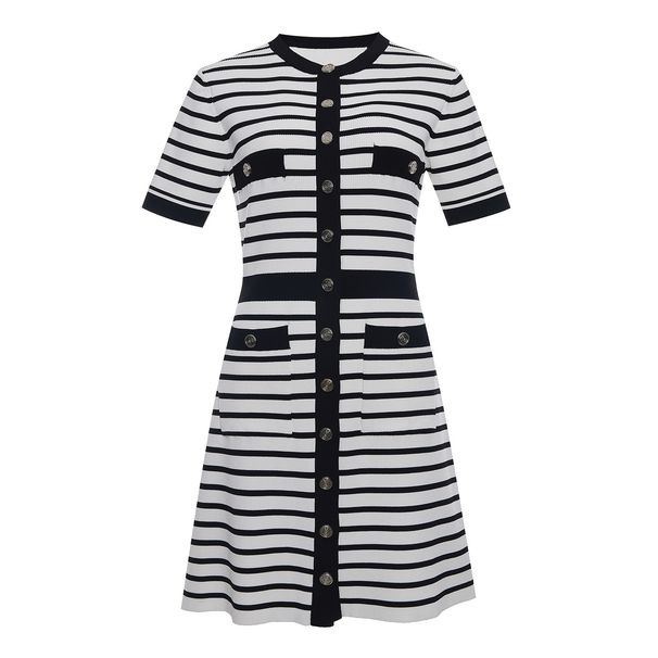 Women's Clothing Spring And Summer New French Round Neck Contrast Striped Single Breasted Short Sleeved Temperament Slim Knitted Dress_ecoleips.com