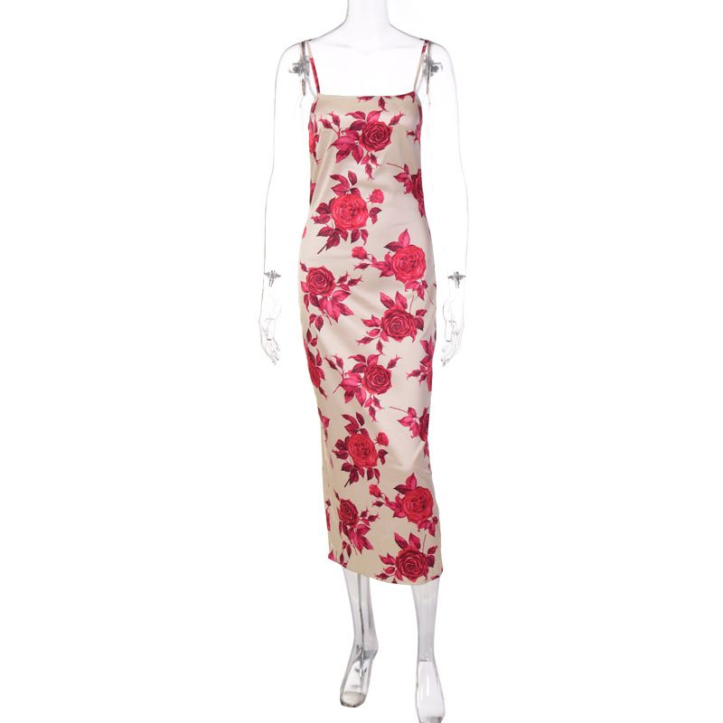 European And American Style 2025 Summer New Rose Print Camisole For Women, Floral Elegant Long Dress Wholesale_ecoleips.com