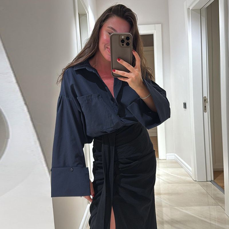 Women's Clothing Summer New Sweet Fresh Loose Plus Size Lapel Long Sleeve Patch Pocket Shirt Women's Top_ecoleips.com