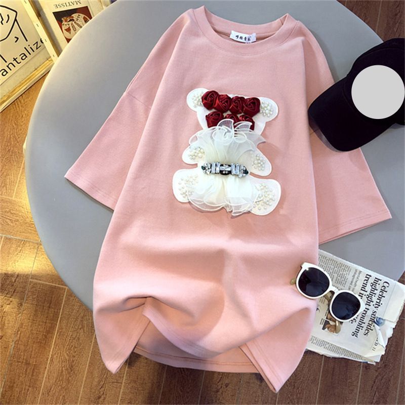 Women's Clothing High End Bear Niche Design Heavy Duty Short Sleeved T Shirt For Women 2024 Summer New Style Hot Diamond Top Trend_ecoleips.com