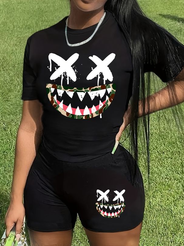 Summer Women's Casual And Fashionable Cartoon Face Print Loose T-shirt+shorts Two-piece Sportswear Suitable For Daily Wear-75_ecoleips.com
