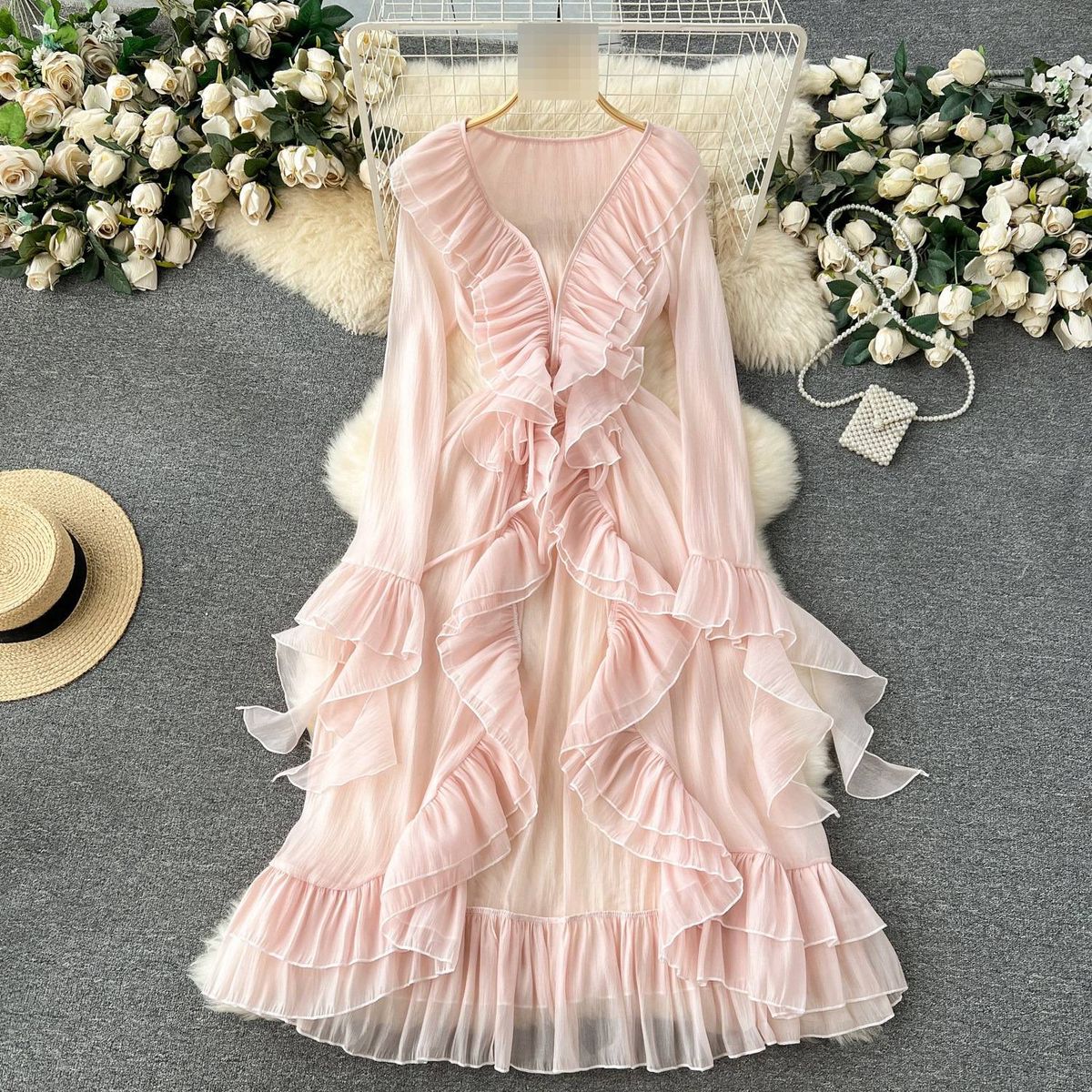 Women's French Holiday Style Cape Cardigan Coat Spring Design Ruffles Slim Fit Long Trumpet Sleeve Chiffon Shirt_ecoleips.com