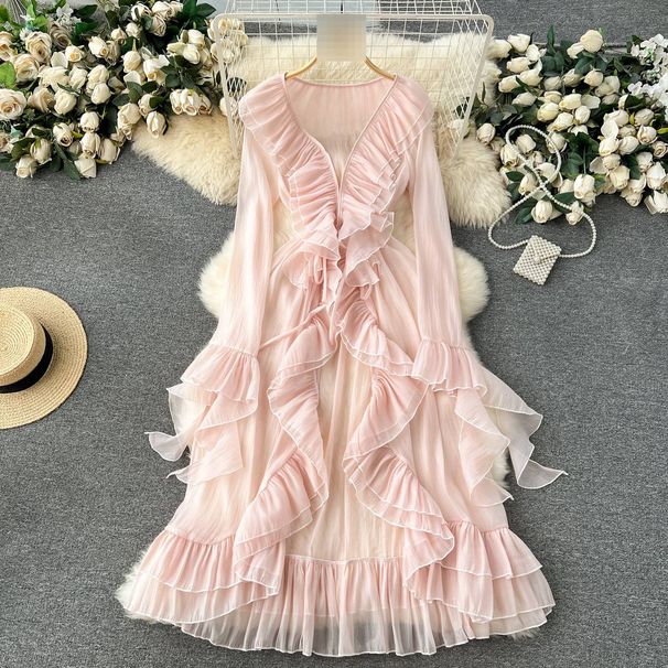 Women's French Holiday Style Cape Cardigan Coat Spring Design Ruffles Slim Fit Long Trumpet Sleeve Chiffon Shirt_ecoleips.com