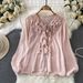 Elegant French Style Women's Chiffon Blouse Ruffled V-Neck Lantern Sleeve Regular Fit Summer Base Layer Top_ecoleips.com